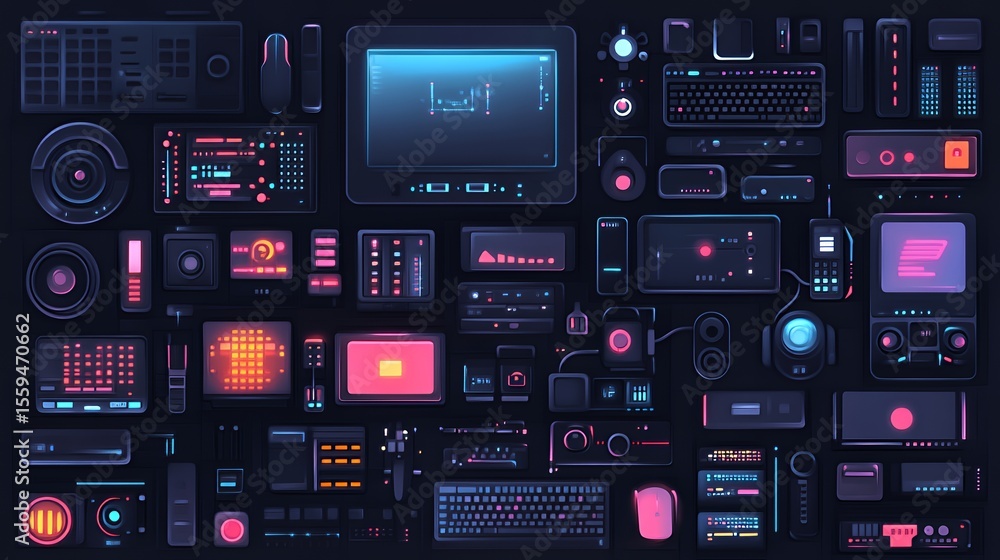 Futuristic digital workspace filled with sleek tech gadgets and glowing interfaces. Futuristic digital workspace filled with sleek tech gadgets and glowing interfaces.