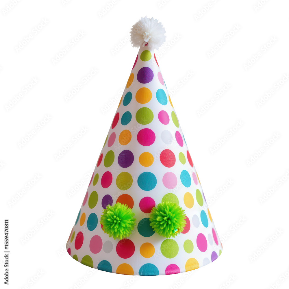 Colorful Party Hat with Polka Dots and Pom Pom Accents for Fun Celebrations and Festive Events Colorful Party Hat with Polka Dots and Pom Pom Accents for Fun Celebrations and Festive Events