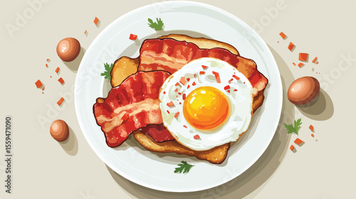 Delicious Bacon and Egg Fried Flat Vector Illustration