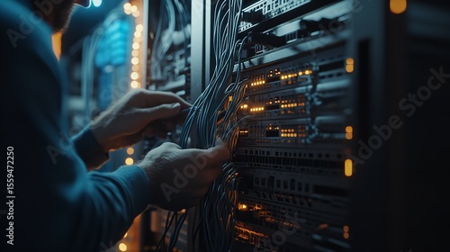 A friendly IT technician in a server room, managing and troubleshooting network equipment