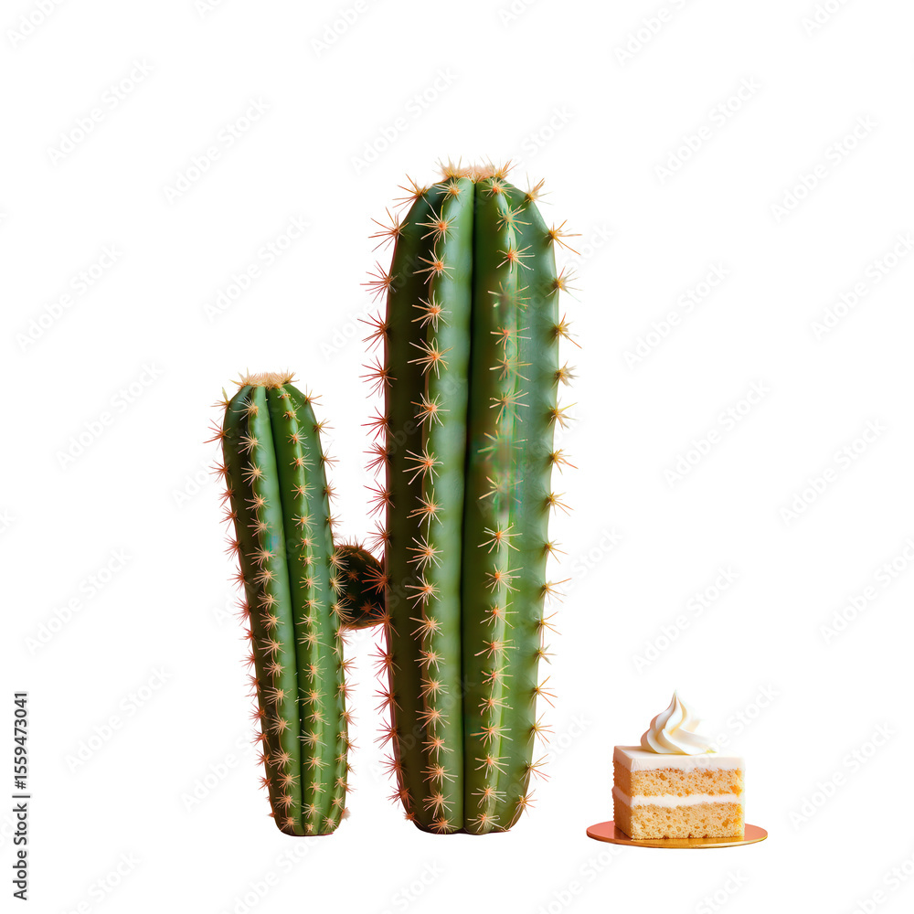 Naklejka premium Tall green cacti alongside a delicious slice of cake on a white background showcasing vibrant contrast
