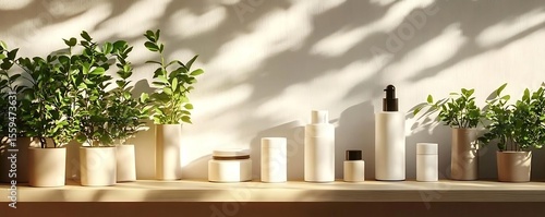 Natural skincare products on a wooden shelf with sunlight. Minimal cosmetic packaging surrounded by green plants. Eco-friendly beauty and wellness concept in natural setting.

