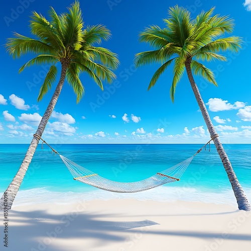 Idyllic tropical beach scene with hammock strung between two palm trees