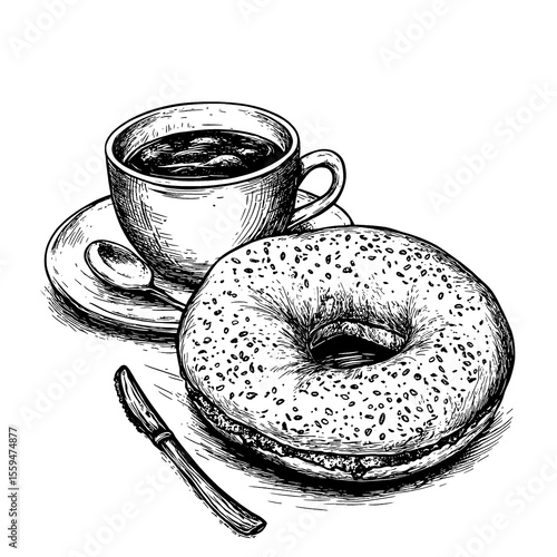 Hand drawing of a bagel SANDWICHES with coffee