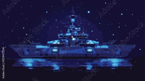 Pixelated Blue Battle Ship Flat Vector Illustration
