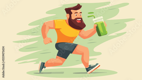 Active Bearded Man Running and Drinking Green Juice