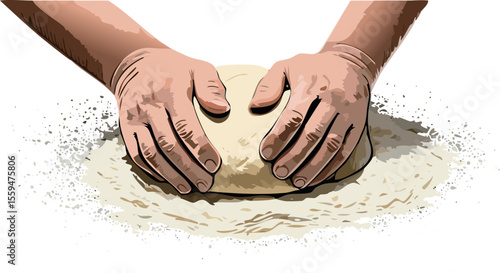 Hands kneading dough, preparing bread. The image features hands gently working a ball of dough, surrounded by flour.  