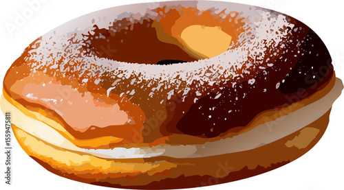 A sweet donut is generously covered with powdered sugar, showcasing its tempting texture and flavor.