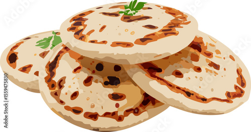 A stack of freshly baked flatbread with a sprig of parsley