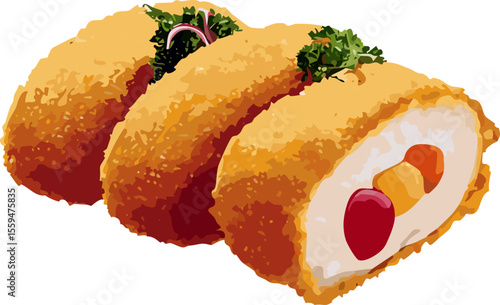 Illustration of Delicious Fried Spring Rolls with fresh herbs. The golden crust promises a delightful crunch.
