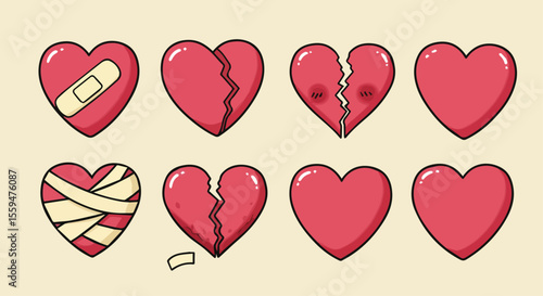 Set of Hearts with Emotional States - Broken, Bandaged, and Happy