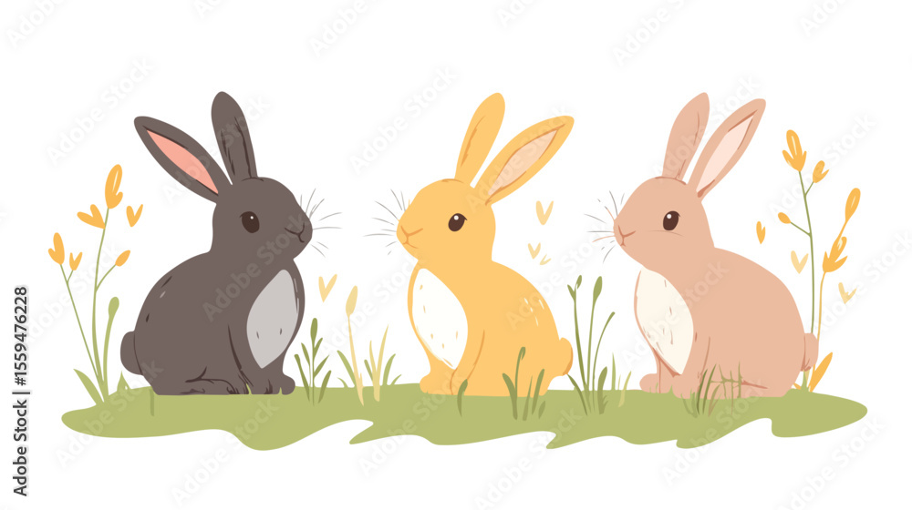 Obraz premium Beautiful Three Rabbits Flat Vector Illustration