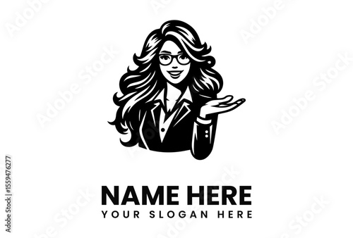 A stylized monochrome illustration of a woman in a business suit with glasses, gesturing with her hand.