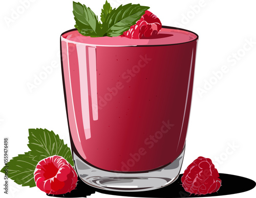A vibrant raspberry smoothie in a stylish glass, garnished with fresh mint and raspberries