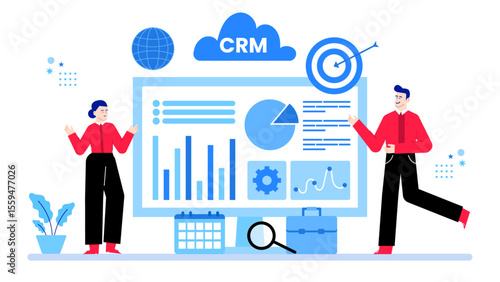Two people displaying CRM data graphs, charts, and a target. Suitable for marketing, analytics, business strategy, teamwork concepts.
