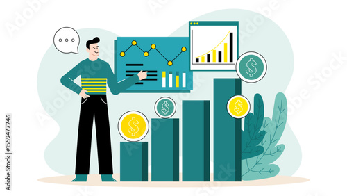 Man presenting financial growth charts and dollar signs. Suitable for finance presentations, business articles, investment blogs, and marketing materials.