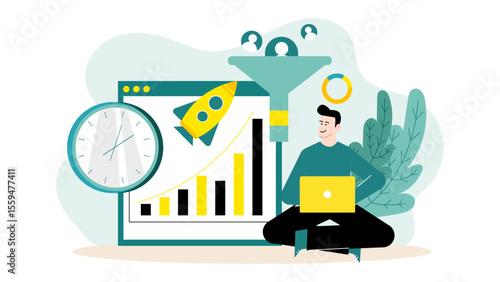 Business growth data analysis shown with a person using a laptop, ideal for illustrating business analytics and technology concepts. Digitally designed.