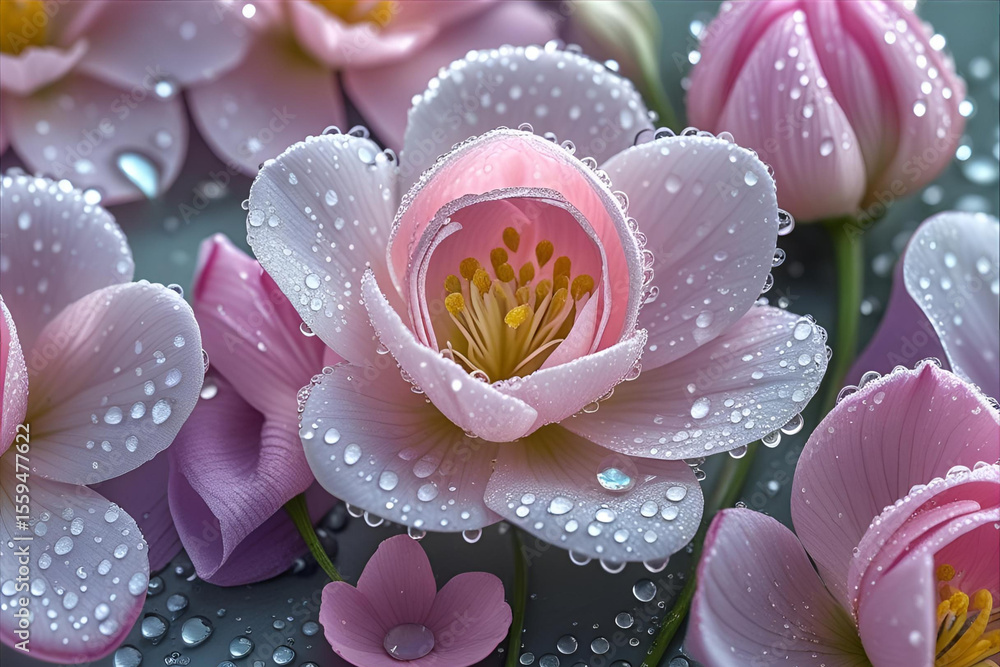 Fototapeta premium A stunning macro of a pink flower with delicate water droplets on its petals.