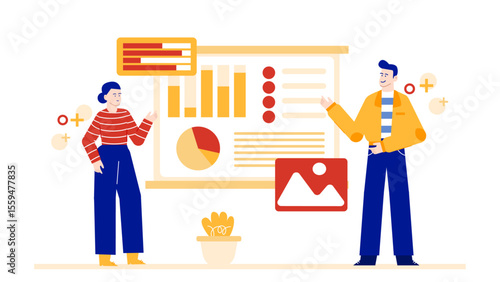 Two people collaborating on data presentation. Suitable for business, teamwork, education, strategy, planning, and analytical concepts in design projects.