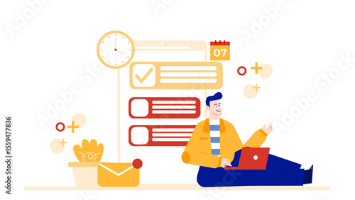 Man on laptop with digital checklist, perfect for business or productivity concept in web design, presentations, blogs, or social media.