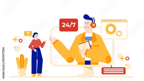 24/7 online customer service chat support concept. Perfect for website banners, social media posts, and promotional materials for customer service businesses.