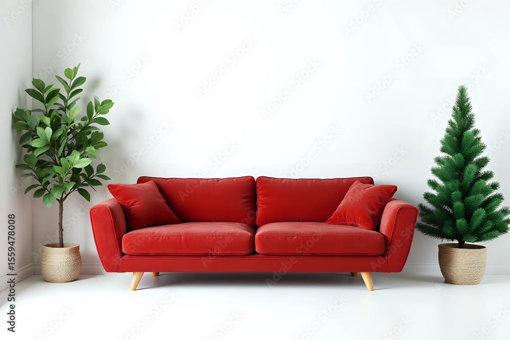Fototapeta premium Living room christmas interior with velvet sofa on empty white background. 3d rendering. Front view.