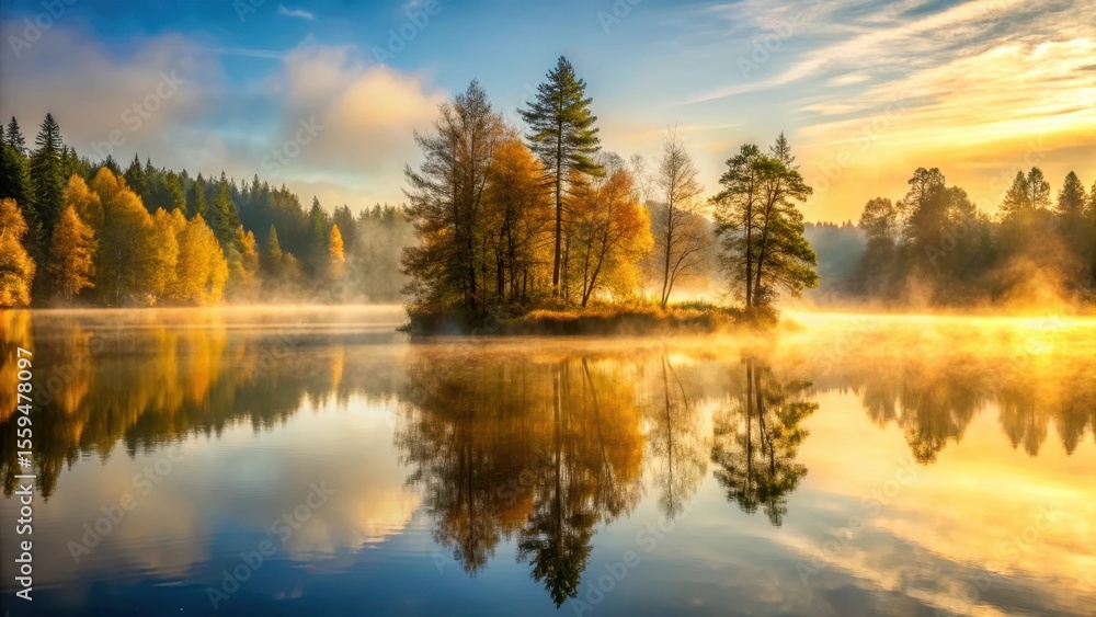 A serene lake in the morning with misty fog rising from its surface and sunlight casting a golden glow on the surrounding trees A serene lake in the morning with misty fog rising from its surface and sunlight casting a golden glow on the surrounding trees