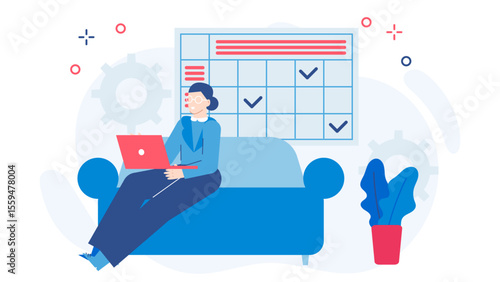 Woman on a sofa, using a laptop beside a timetable. Suitable for remote work, time management, freelancing, productivity related concepts.
