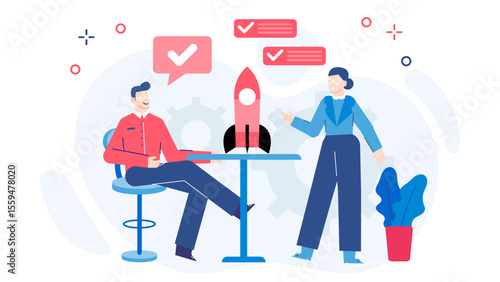 Colleagues discuss a startup rocket project at a small table suitable for presentations, entrepreneurship articles, teamwork concepts, and science blogs.