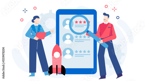 Two people viewing customer ratings on a phone app; suitable for businesses aiming to improve online reviews and customer satisfaction.