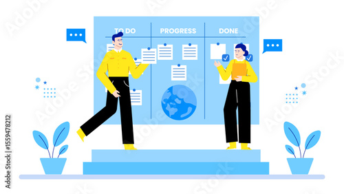 Two people discussing project progress on a Kanban board, suitable for business, project management, teamwork, collaboration, scrum concepts.