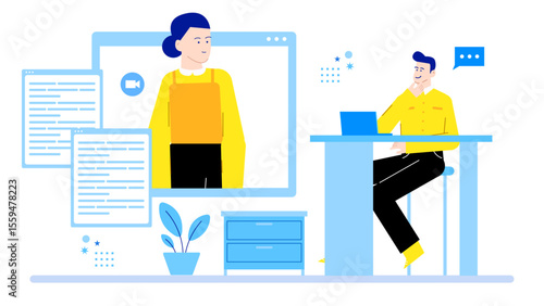 Man video conferencing with woman at desk. Suitable for remote work, telecommuting, virtual meetings, online collaboration, and technology concepts.