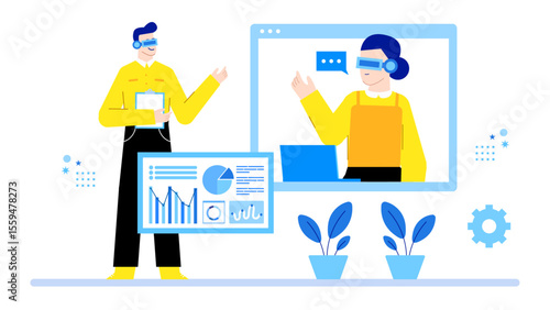 Two people in VR presenting data remotely, great for technology presentations, virtual meetings, telecommuting concepts, and digital collaboration themes.