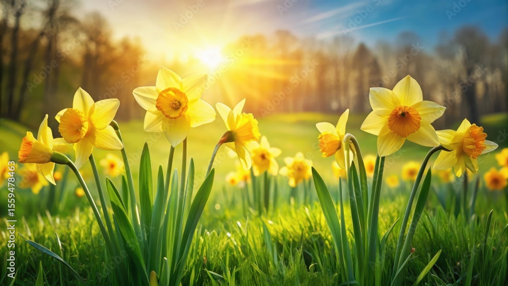 Fototapeta premium Bright yellow daffodils standing tall in a lush green grassy field