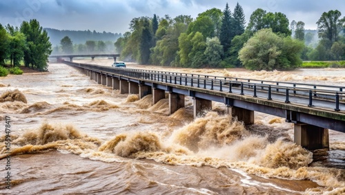 Torrential rain flooding bridge during storm