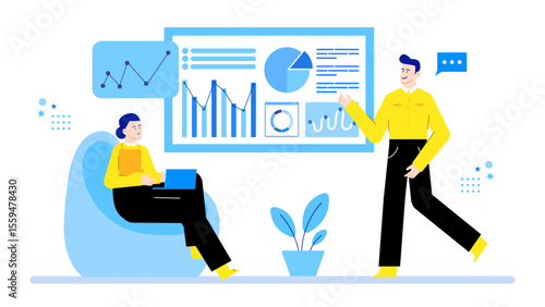 Two people reviewing data charts on a presentation board, suitable for business and finance concepts in marketing materials.