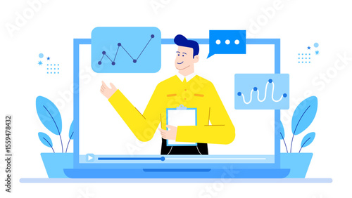 a man floating from laptop screen presenting graphic. a CEO delivering keynote presentation online