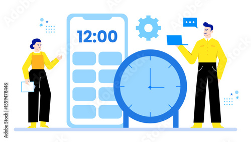 A dynamic image of two individuals coordinating schedules through a phone clock and laptop, ideal for business-related concepts or time management themes.