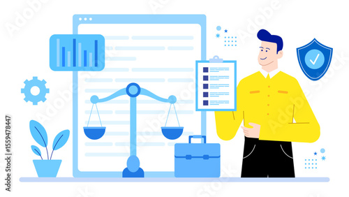Man reviewing legal documents with a scale of justice illustration. Appropriate for legal, justice, law, and business concept designs.