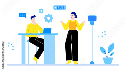 Two people livestream a show using a laptop and camera. Suitable for technology, online entertainment, streaming services, and social media content.