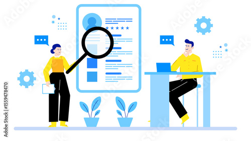 Job interview scene with employer reviewing a resume. Suitable for career, recruitment, job search, employment, interview preparation concepts.