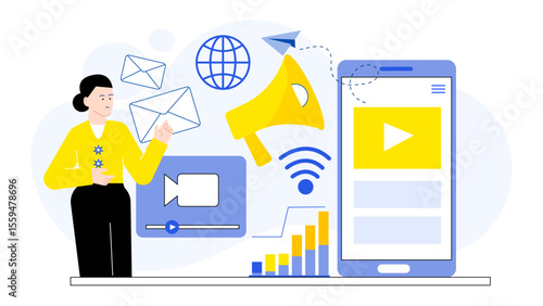 Digital marketing strategies being promoted online by a woman. Ideal for social media posts, blogs, websites, and marketing materials.