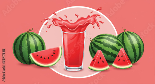 Watermelon Juice Splash with Whole and Sliced Watermelons
