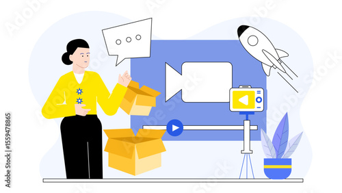 Woman unpacks a box near a video camera and rocket. Ideal for content related to technology, unboxing videos, and space exploration.