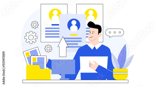 Man organizing employee profiles and documents. Suitable for HR, business administration, employee management, office workflow concepts in various industries.