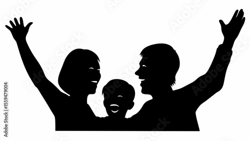 Silhouette of a happy family with raised arms, consisting of parents and a child, all smiling widely