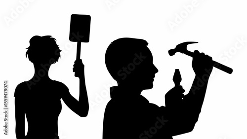 Silhouettes of a woman holding a sign and a man hammering, showcasing labor and craftsmanship work