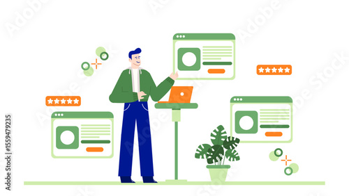 Man presenting positive online reviews, suitable for marketing materials, website testimonials, social media ads, customer feedback presentations, and product promotions.