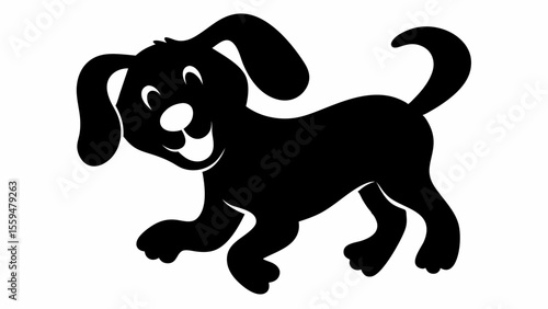 Silhouette of a playful cartoon dog with floppy ears and a curled tail on a white background looking happy