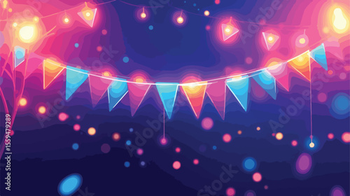 Neon Party Birthday Garland Flags Vector Illustration